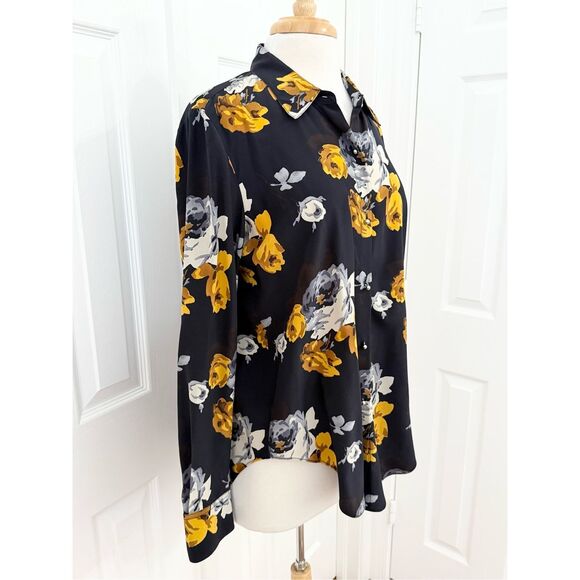 Theory Womens Navy Gold Sunaya Floral Silk Long Sleeve Button Up Blouse Medium - Picture 2 of 6